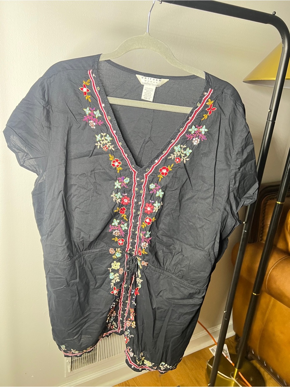JohnPaulRichard Navy Tunic with Multicolor Floral Embroidery
